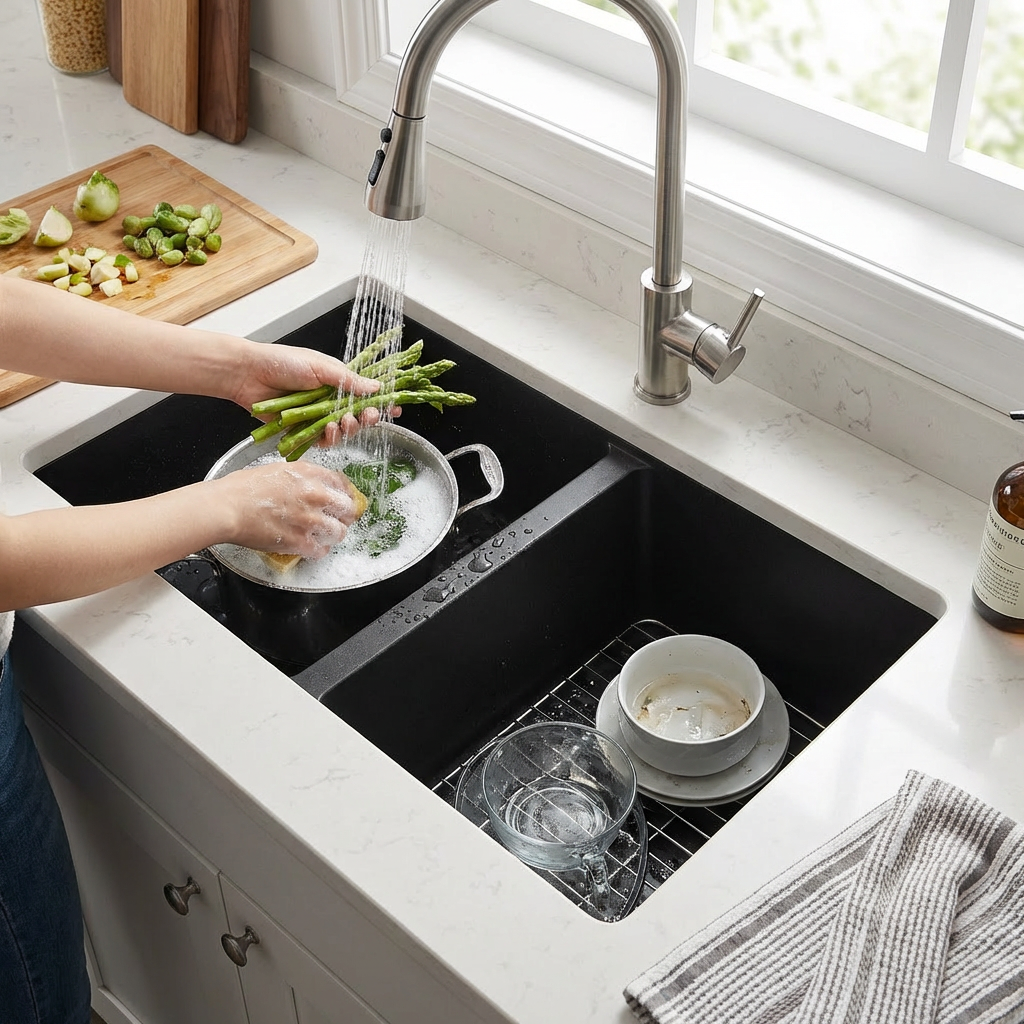 Black Granite Undermount Double Bowl Kitchen Sink