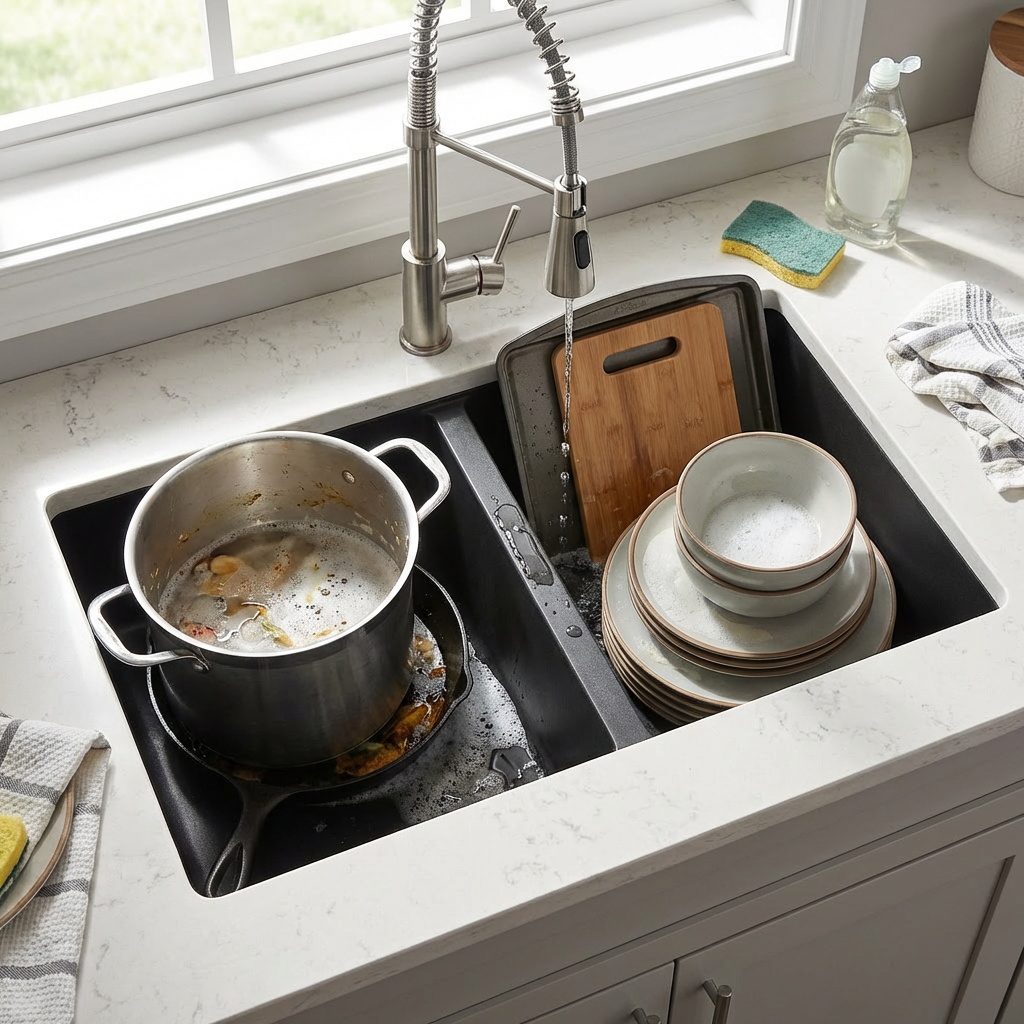 Black Granite Undermount Double Bowl Kitchen Sink