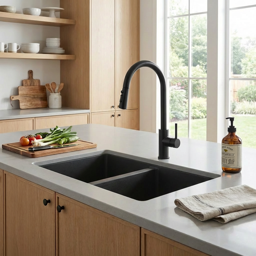 Black Granite Undermount Double Bowl Kitchen Sink